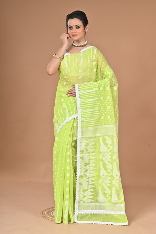 New & Exclusive Korat Dhakai Jamdani Saree – White with Lace Border | Cotton Silk | 5.5m | No Blouse ( Light Green )
