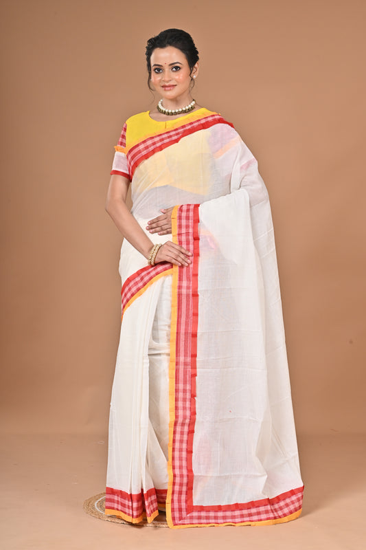 Gaihalud Spacial Gamcha Hand Working Saree With Ready Free Size Blouse ( White )