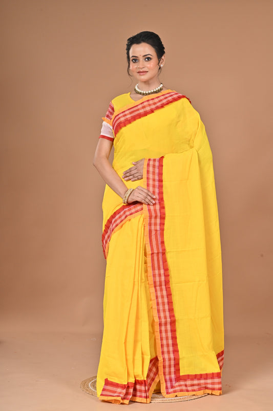 Gaihalud Spacial Gamcha Hand Working Saree With Ready Free Size Blouse ( Yellow )