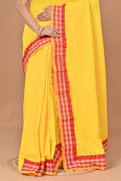 Gaihalud Spacial Gamcha Hand Working Saree With Ready Free Size Blouse ( Yellow )