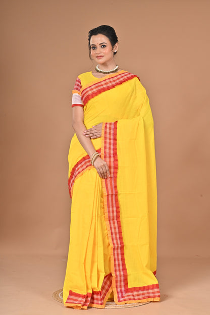 Gaihalud Spacial Gamcha Hand Working Saree With Ready Free Size Blouse ( Yellow )