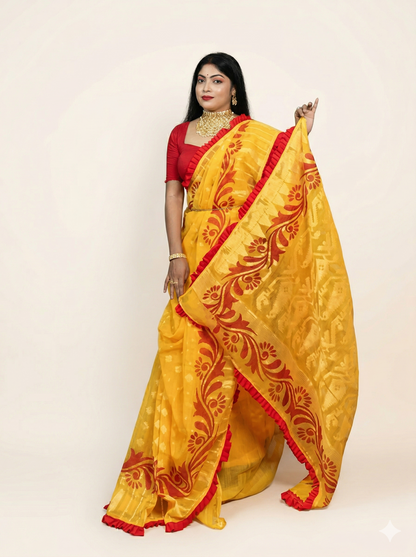 Korat Kolka Print Dhakai Jamdani Saree with Red Ruffle Work
