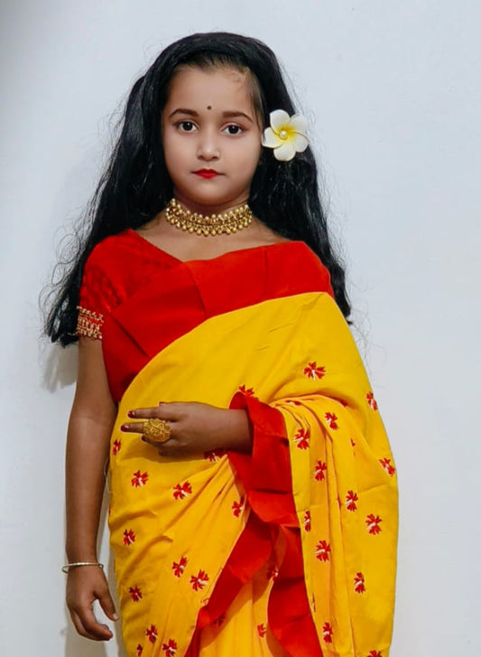 Exclusive Saraswati Puja Spacial Embroidery Work Shuli Kids Saree