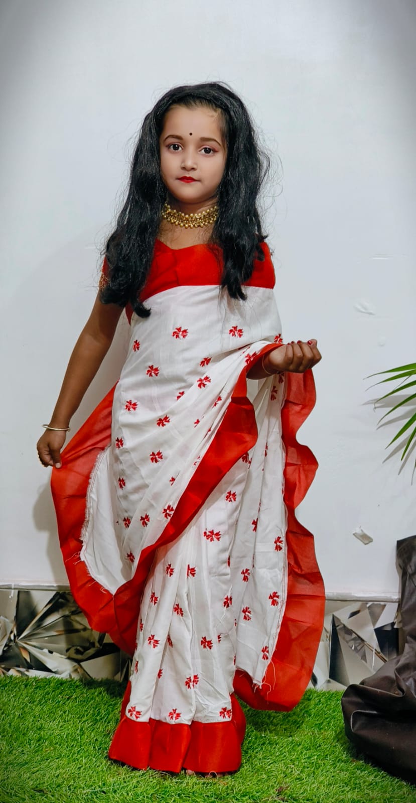 Exclusive Saraswati Puja Spacial Embroidery Work Shuli Kids Saree ( White )