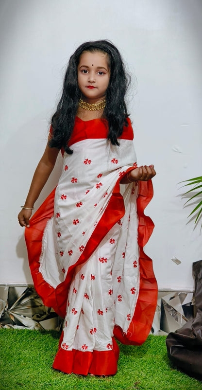 Exclusive Saraswati Puja Spacial Embroidery Work Shuli Kids Saree ( White )