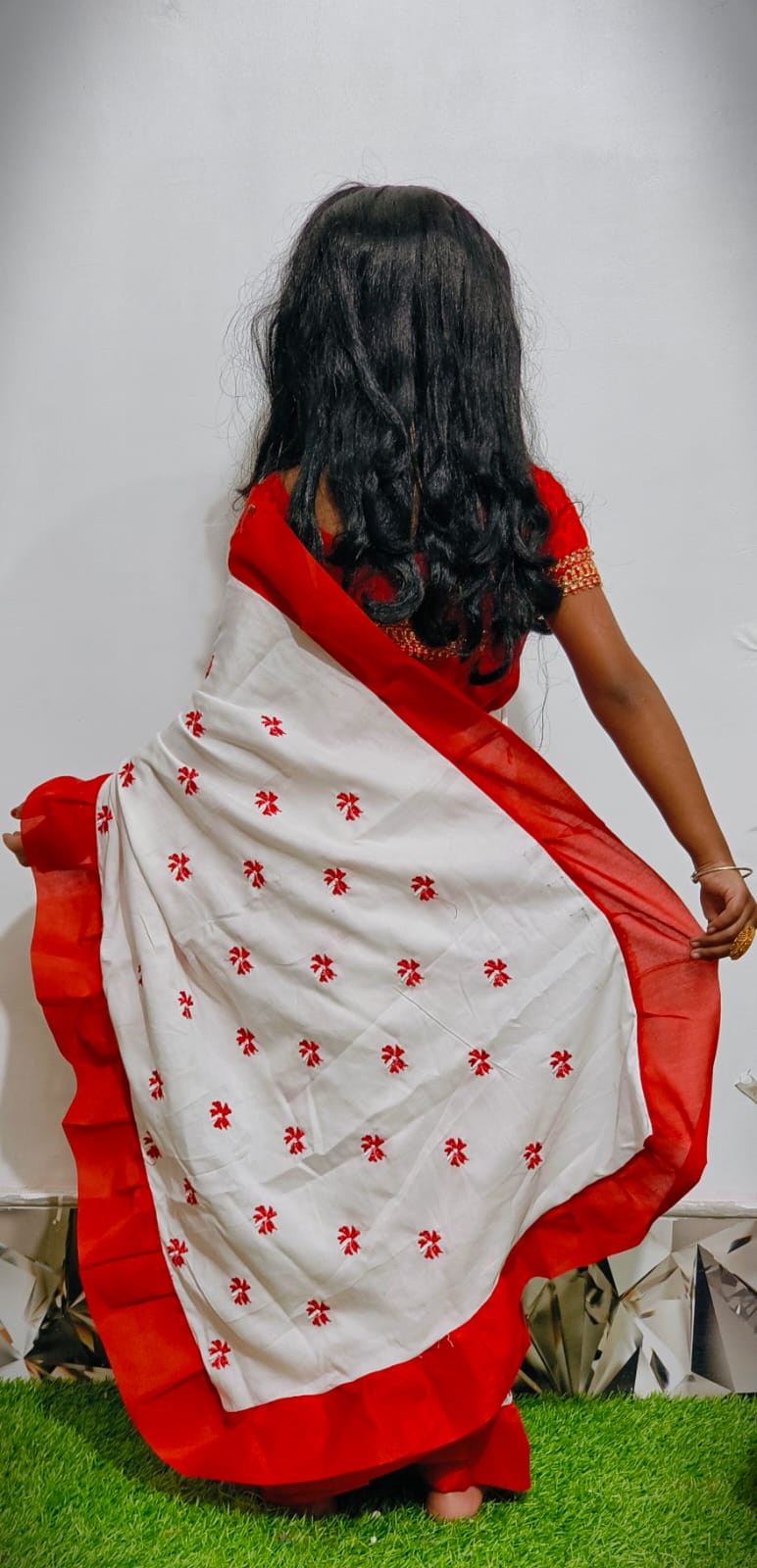 Exclusive Saraswati Puja Spacial Embroidery Work Shuli Kids Saree ( White )