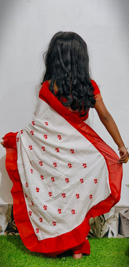Exclusive Saraswati Puja Spacial Embroidery Work Shuli Kids Saree ( White )