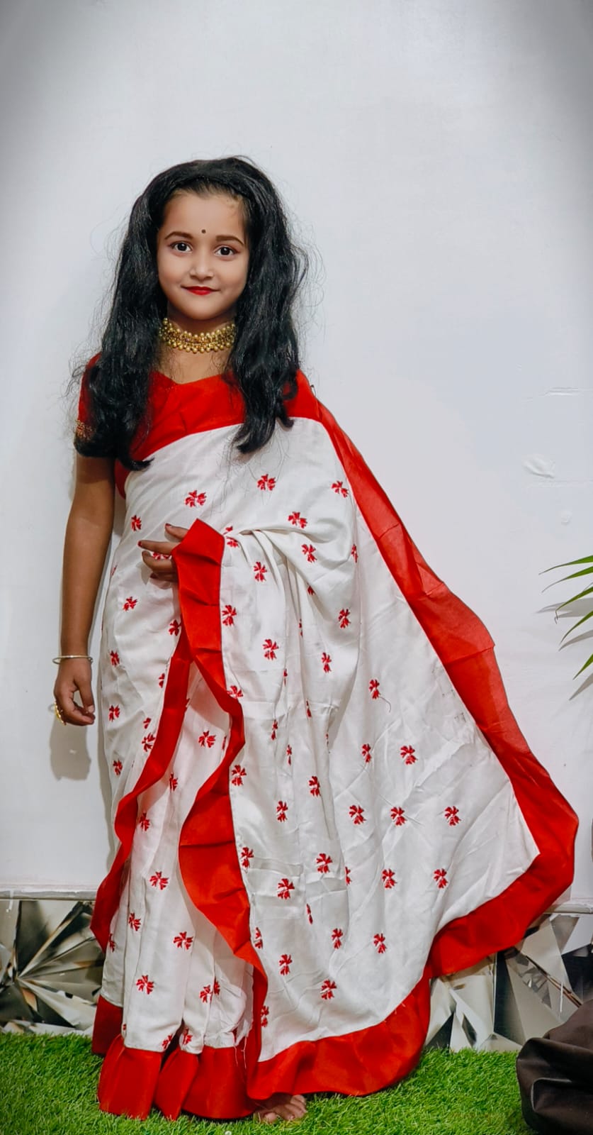 Exclusive Saraswati Puja Spacial Embroidery Work Shuli Kids Saree ( White )