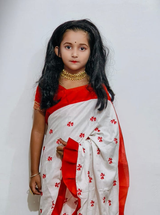Exclusive Saraswati Puja Spacial Embroidery Work Shuli Kids Saree ( White )