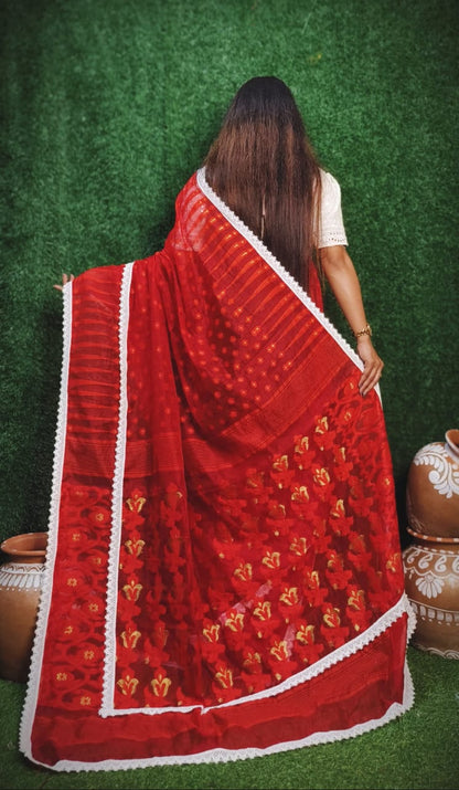 Red Jamdani Lace Work Saree