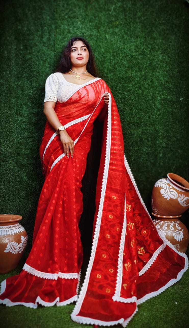 Red Jamdani Lace Work Saree