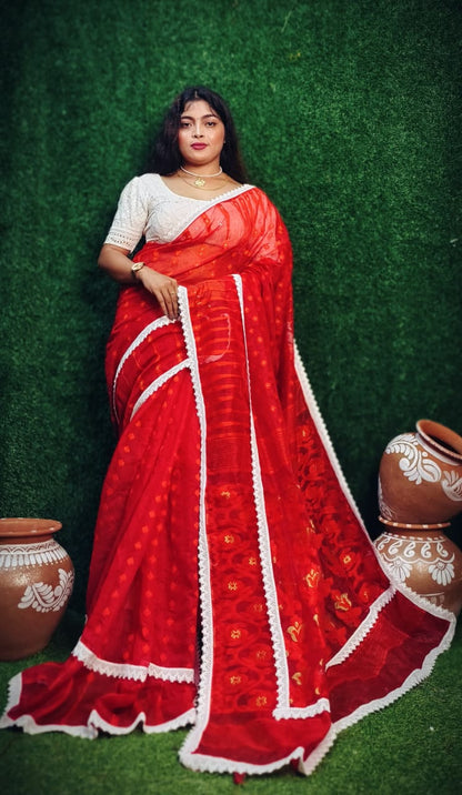 Red Jamdani Lace Work Saree