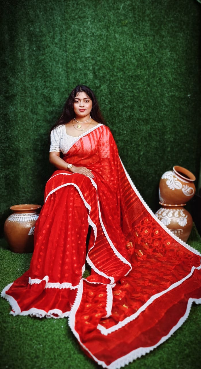 Red Jamdani Lace Work Saree
