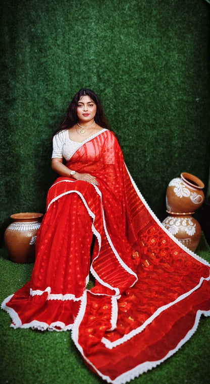 Red Jamdani Lace Work Saree