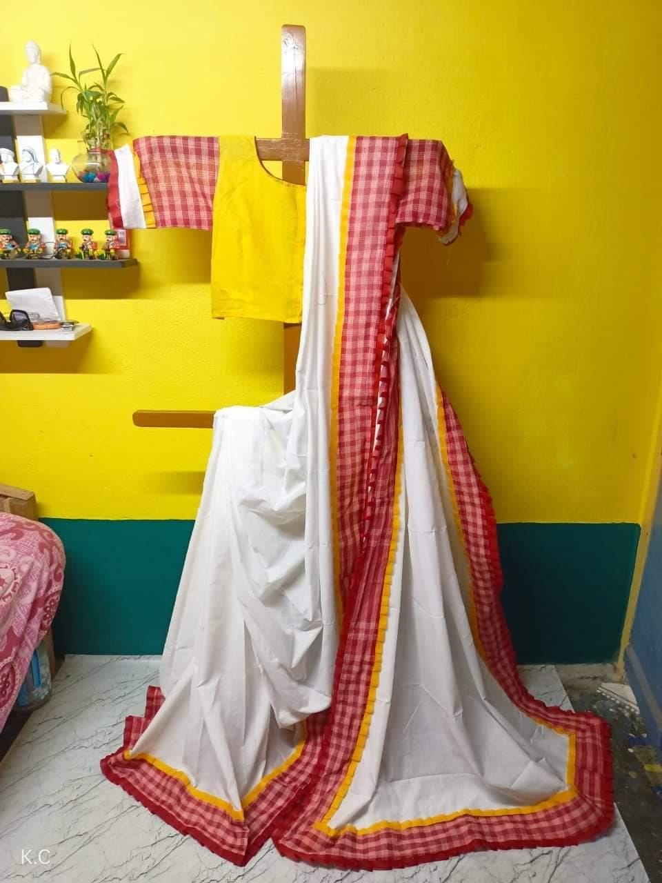 Gaihalud Spacial Gamcha Hand Working Saree With Ready Free Size Blouse ( White )