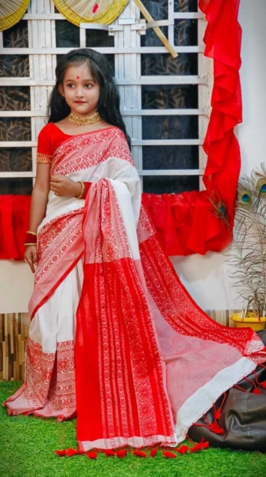 मुलायम बेगमपुरी बच्चों की खादी कॉटन साड़ी तैयार ब्लाउज और पेटीकोट के साथ