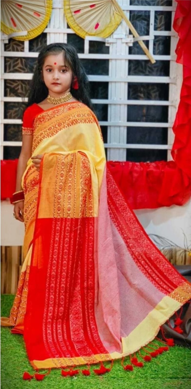 मुलायम बेगमपुरी बच्चों की खादी कॉटन साड़ी तैयार ब्लाउज और पेटीकोट के साथ