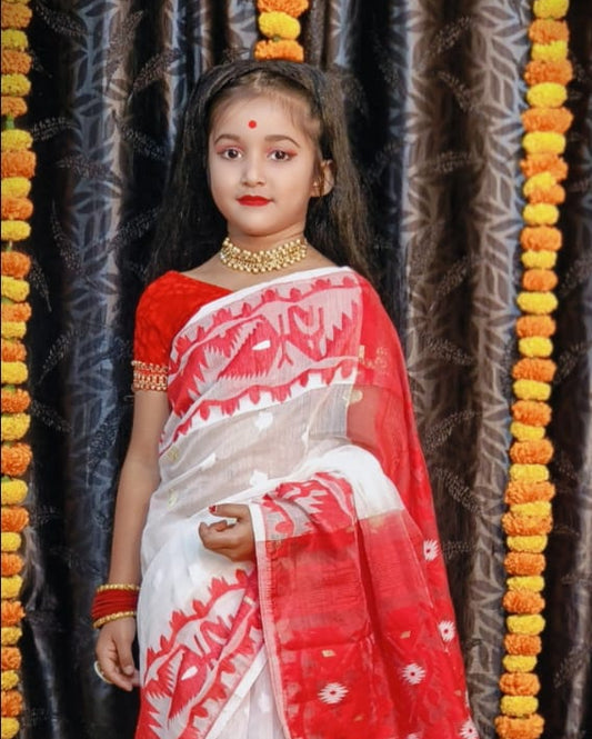 Prodip Design Dhakai Jamdani Kids Saree in Red and White