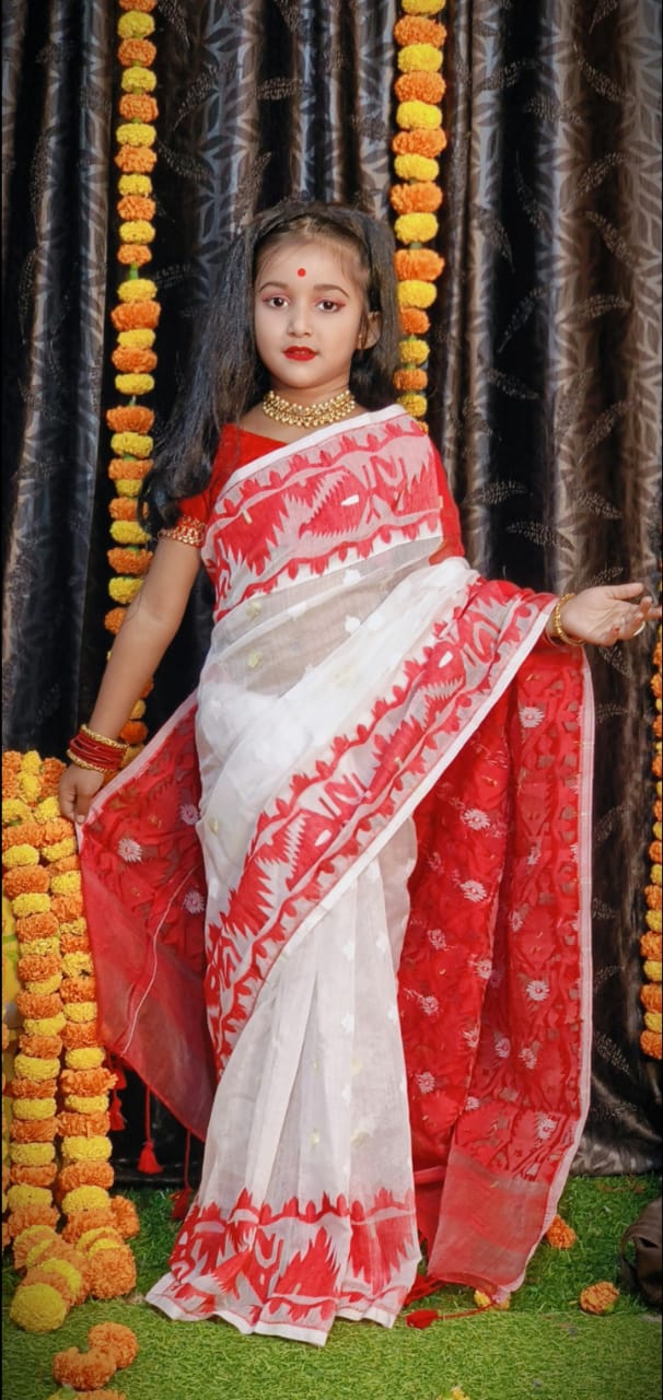 Prodip Design Dhakai Jamdani Kids Saree in Red and White