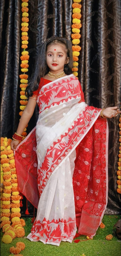 Prodip Design Dhakai Jamdani Kids Saree in Red and White