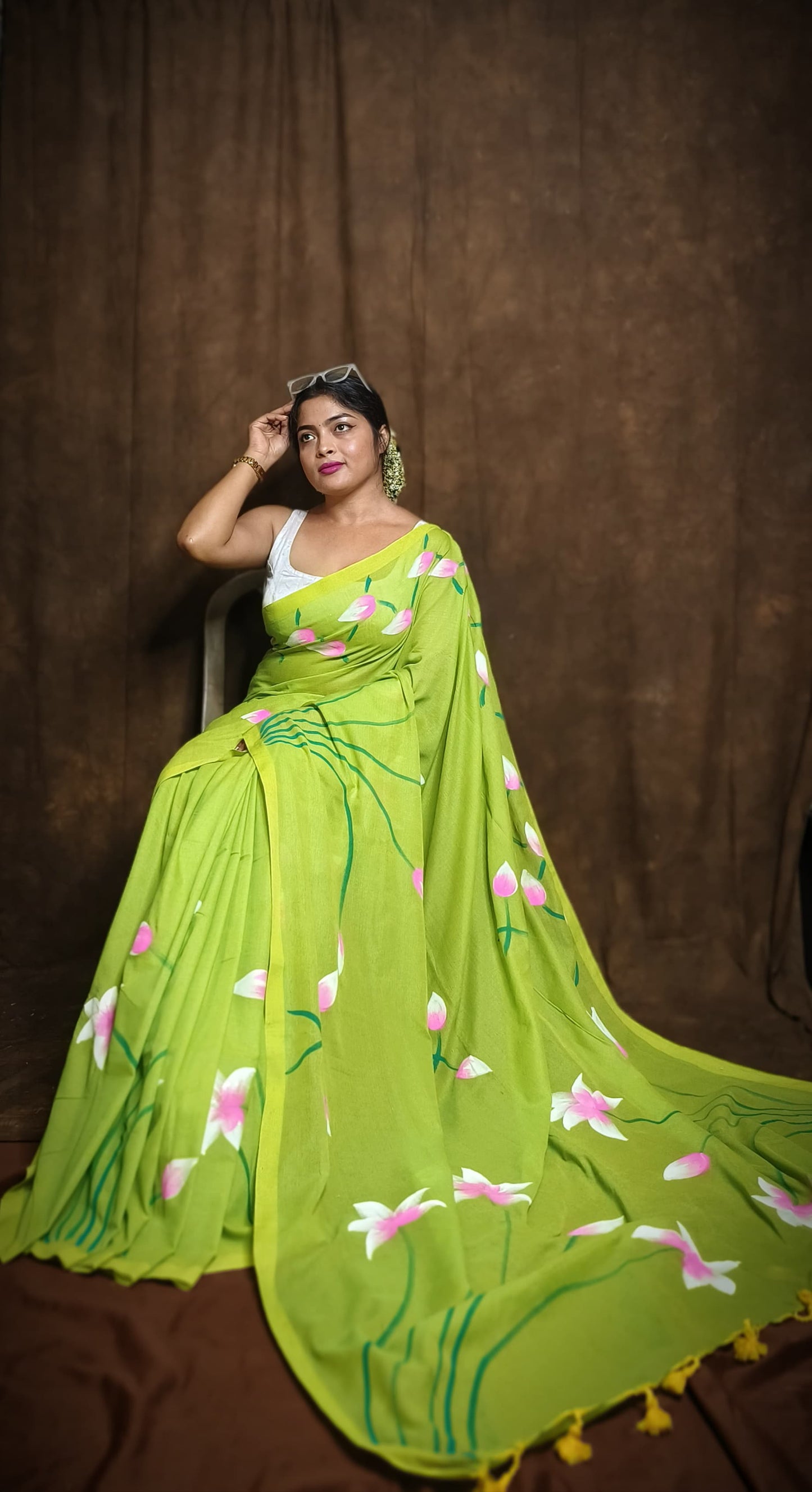 Pure Lotus Hand Printed Khadi Cotton Saree Running Blouse