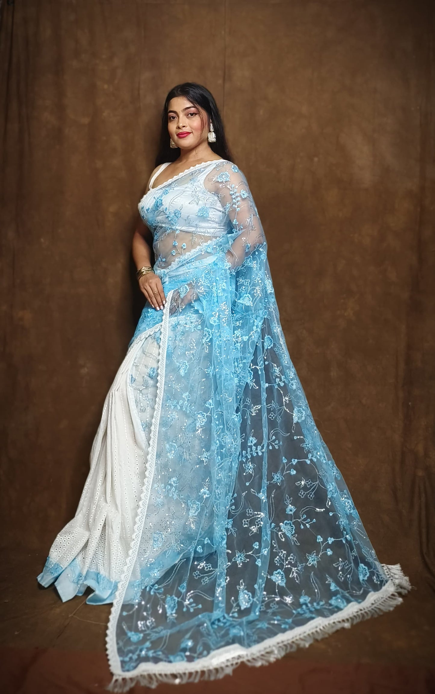 BALIKA TEXTILE Exclusive Half & Half Net Organza Hakoba Saree | Premium Cotton & Organza Fabric | No Blouse
