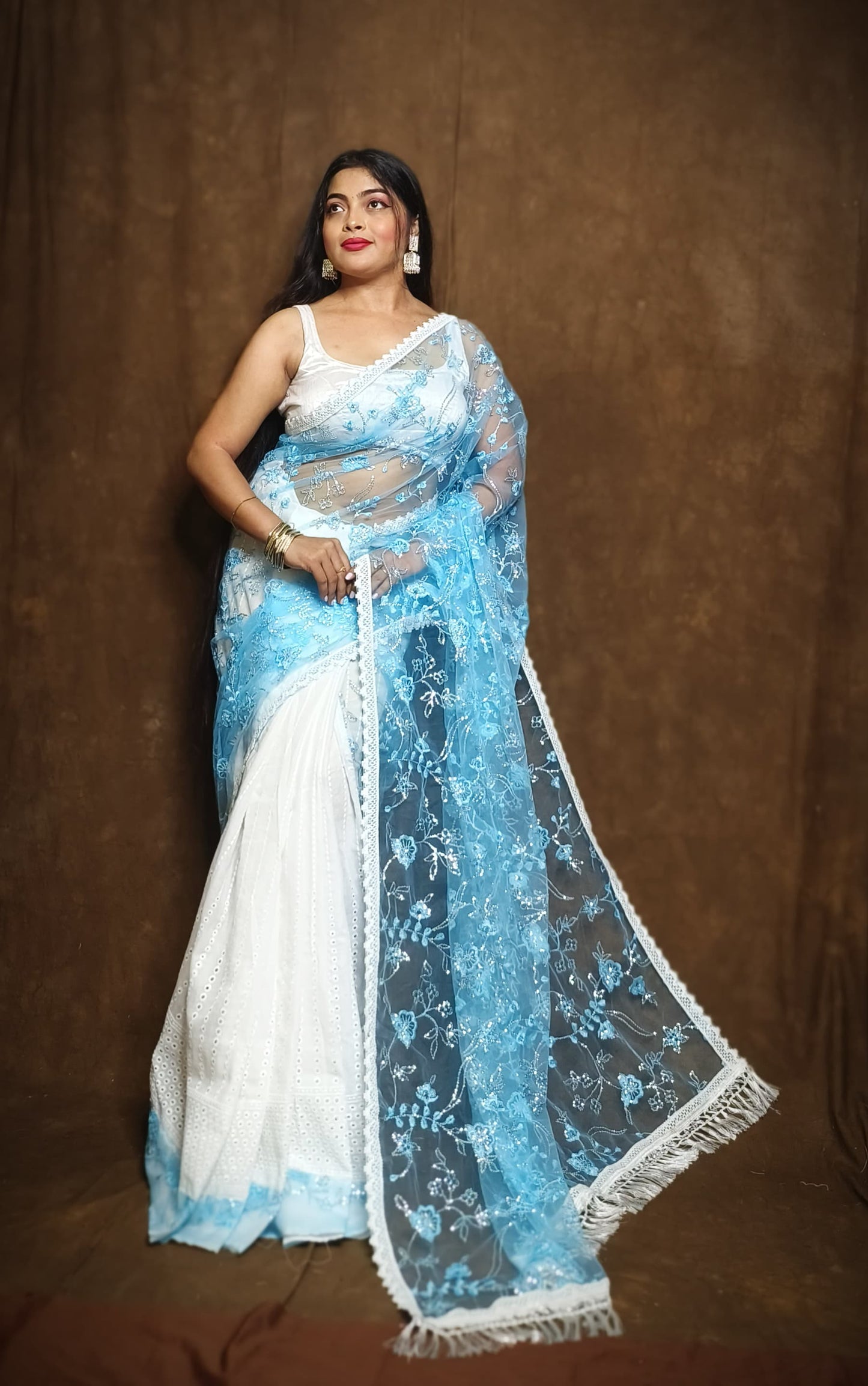 BALIKA TEXTILE Exclusive Half & Half Net Organza Hakoba Saree | Premium Cotton & Organza Fabric | No Blouse