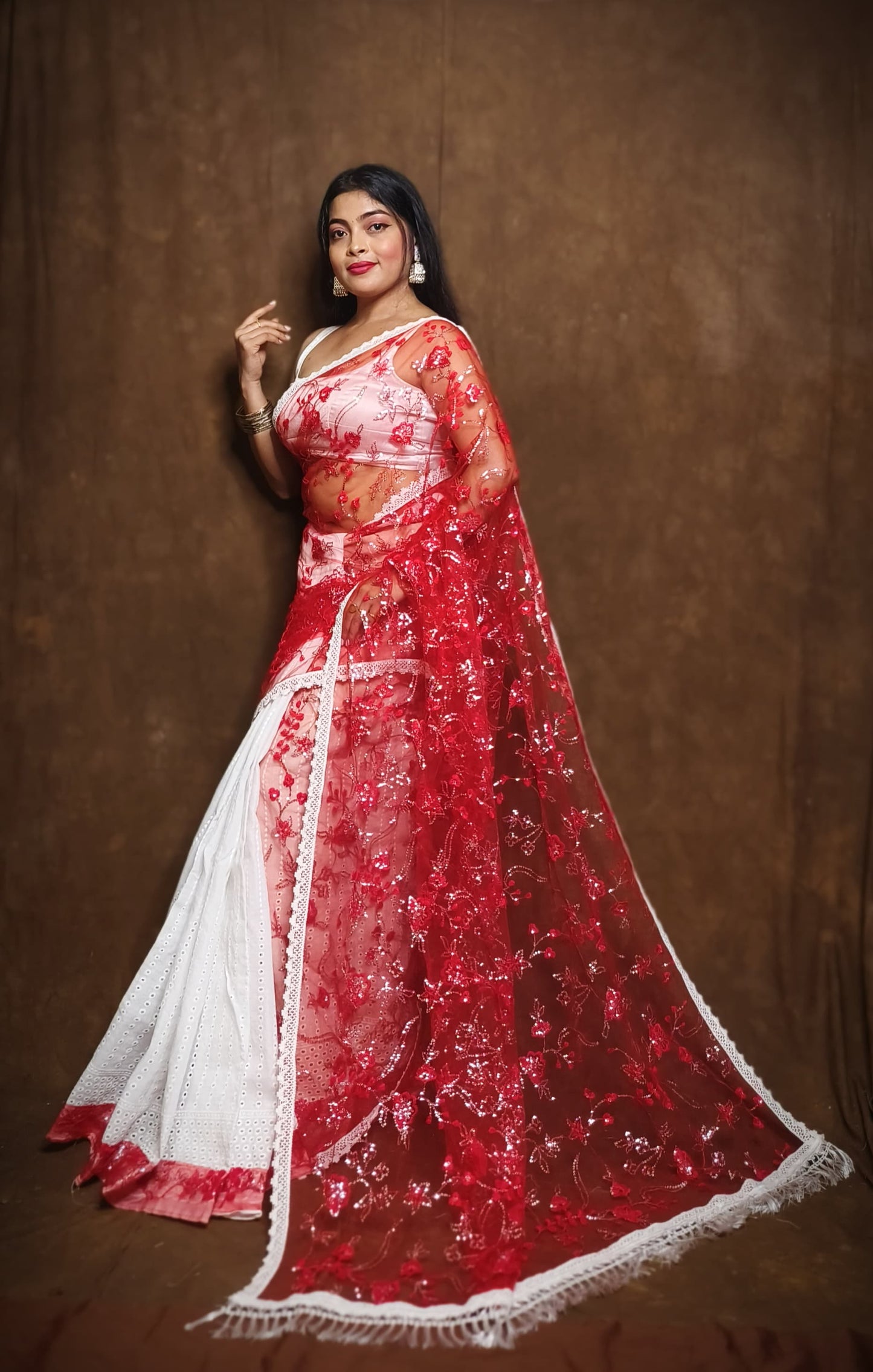 BALIKA TEXTILE Exclusive Half & Half Net Organza Hakoba Saree | Premium Cotton & Organza Fabric | No Blouse