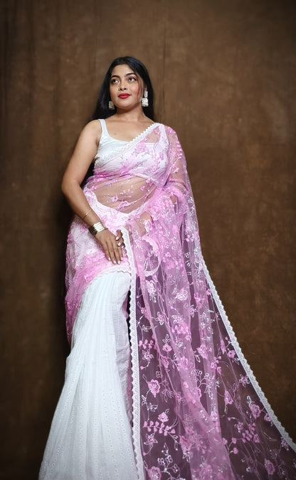 BALIKA TEXTILE Exclusive Half & Half Net Organza Hakoba Saree | Premium Cotton & Organza Fabric | No Blouse