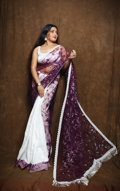 BALIKA TEXTILE Exclusive Half & Half Net Organza Hakoba Saree | Premium Cotton & Organza Fabric | No Blouse