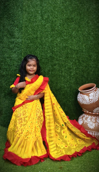 Exclusive Saraswati Puja Spacial Minakari Jamdani Redy To Wear kids Saree ( Yellow )