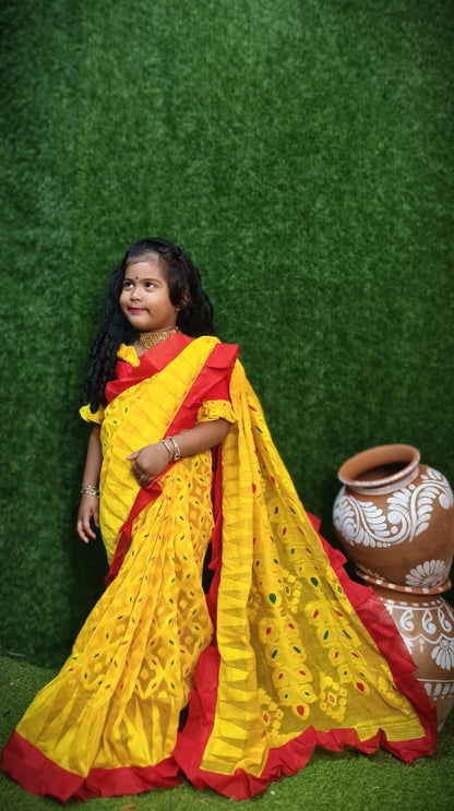Exclusive Saraswati Puja Spacial Minakari Jamdani Redy To Wear kids Saree ( Yellow )