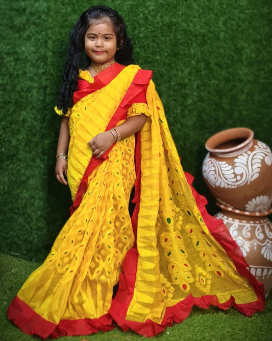 Exclusive Saraswati Puja Spacial Minakari Jamdani Redy To Wear kids Saree ( Yellow )