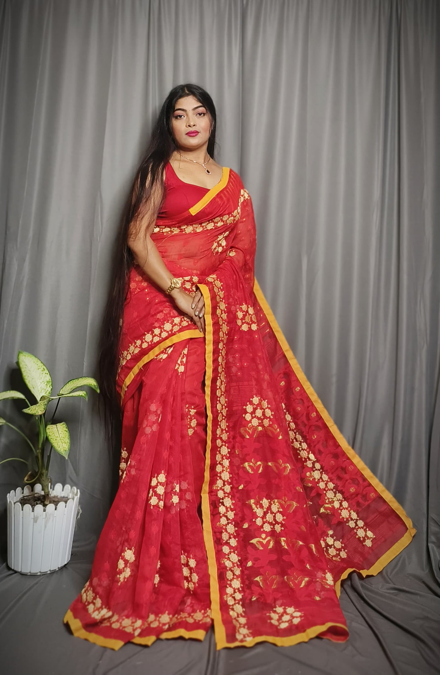 Exclusive Premium Quality Self Dhakai Jamdani with Embroidery Work Design Saree