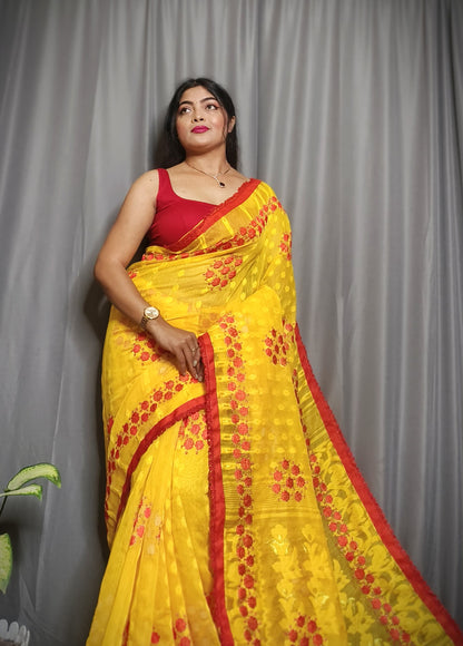 Exclusive Premium Quality Self Dhakai Jamdani with Embroidery Work Design Saree