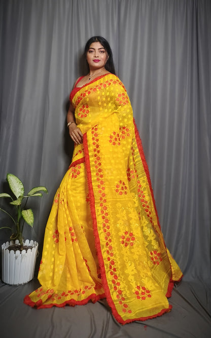 Exclusive Premium Quality Self Dhakai Jamdani with Embroidery Work Design Saree