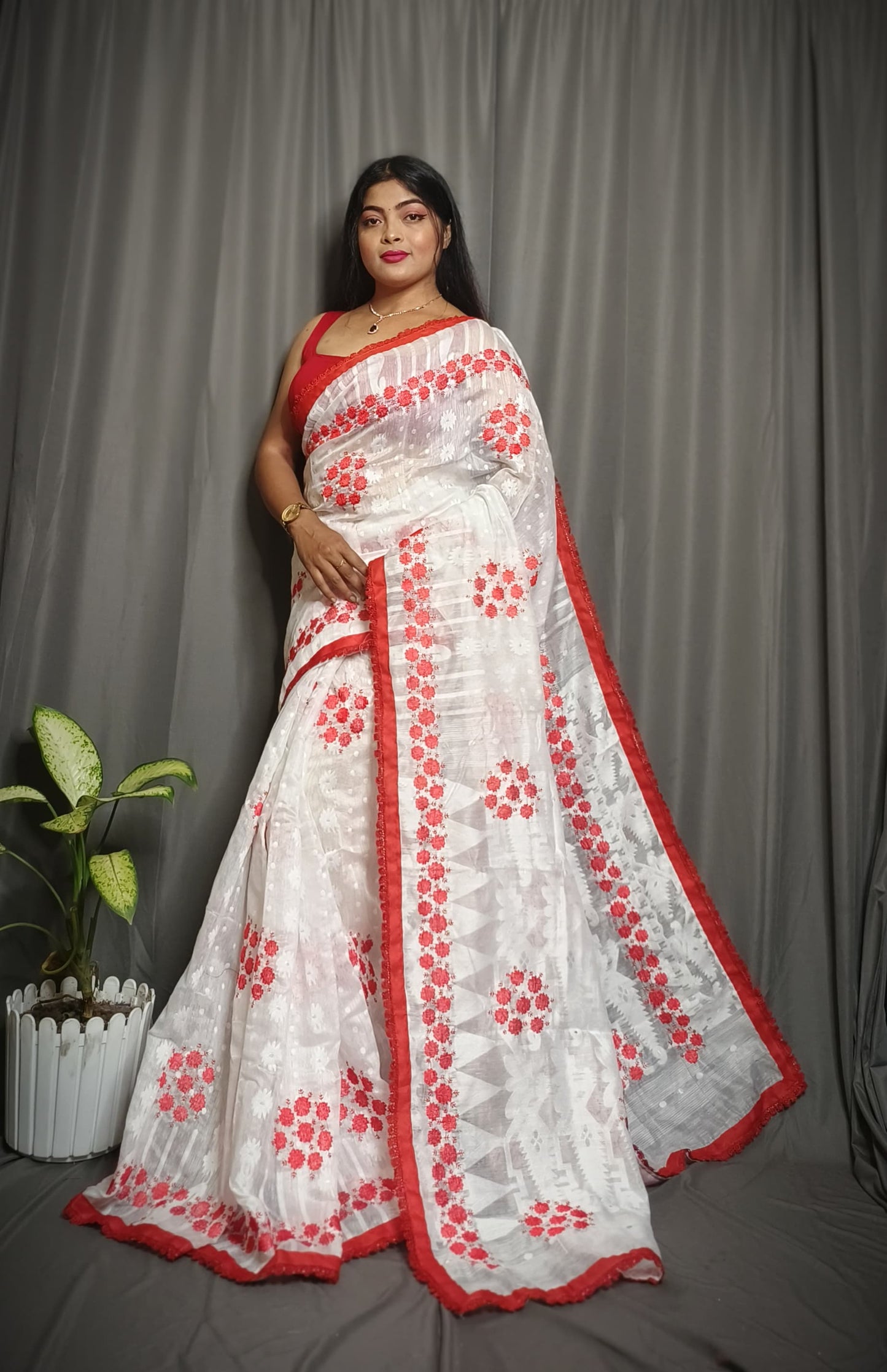 Exclusive Premium Quality Self Dhakai Jamdani with Embroidery Work Design Saree