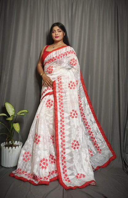 Exclusive Premium Quality Self Dhakai Jamdani with Embroidery Work Design Saree
