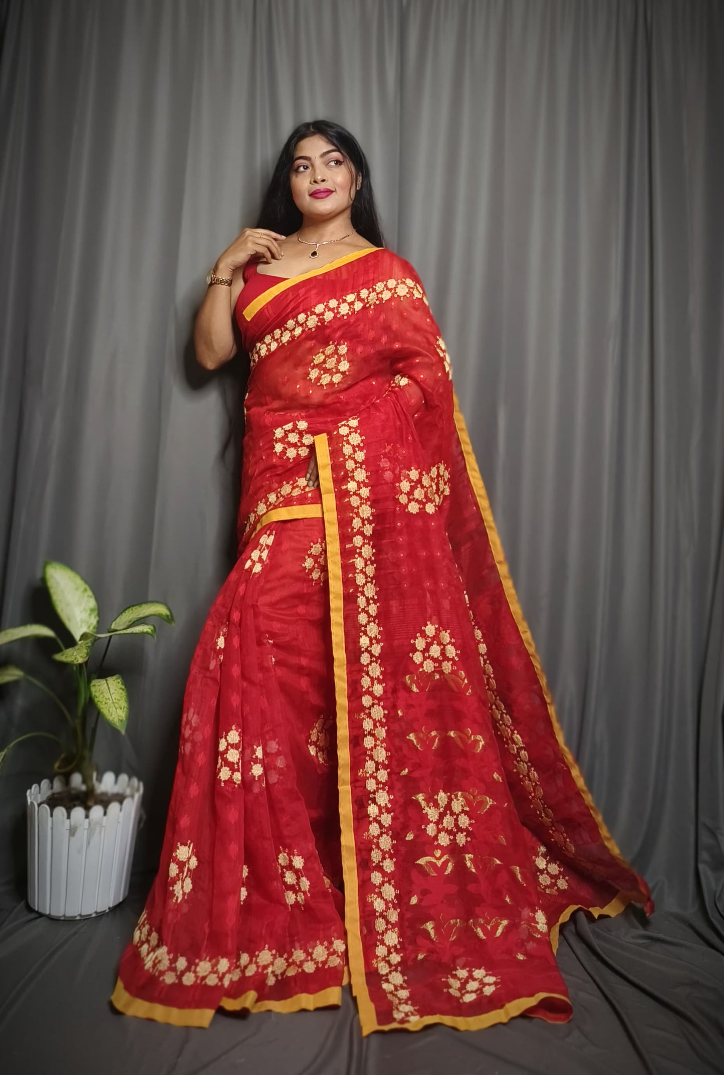 Exclusive Premium Quality Self Dhakai Jamdani with Embroidery Work Design Saree