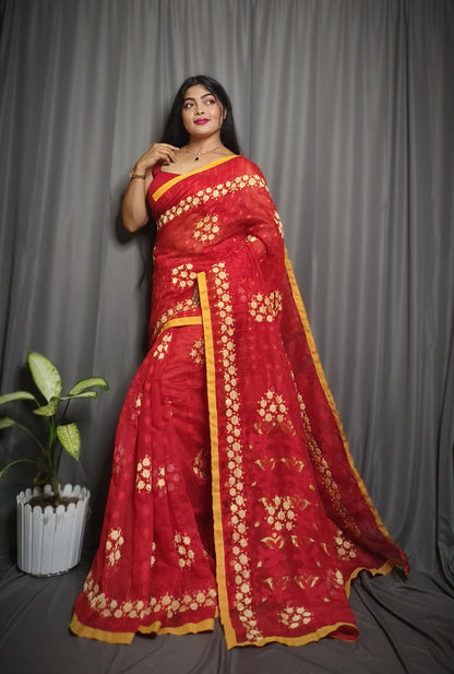 Exclusive Premium Quality Self Dhakai Jamdani with Embroidery Work Design Saree
