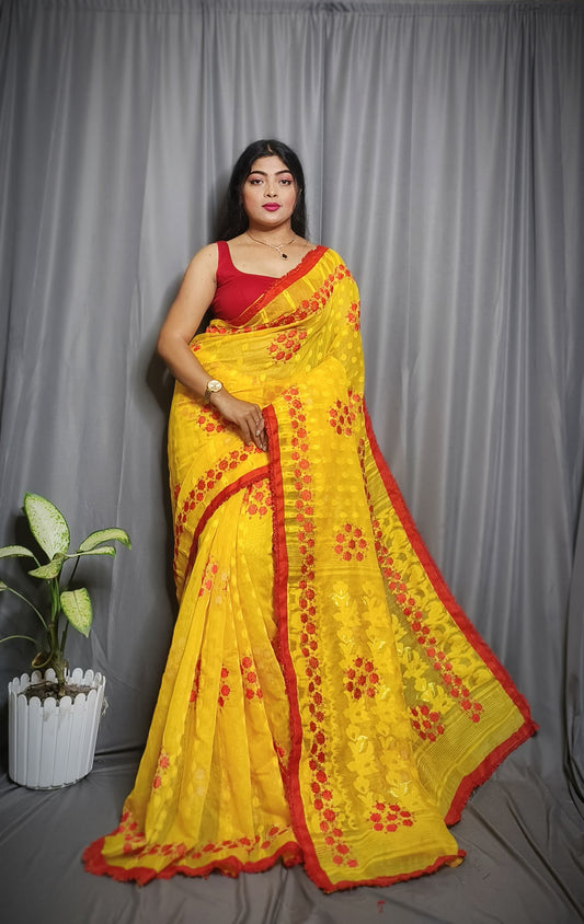 Exclusive Premium Quality Self Dhakai Jamdani with Embroidery Work Design Saree