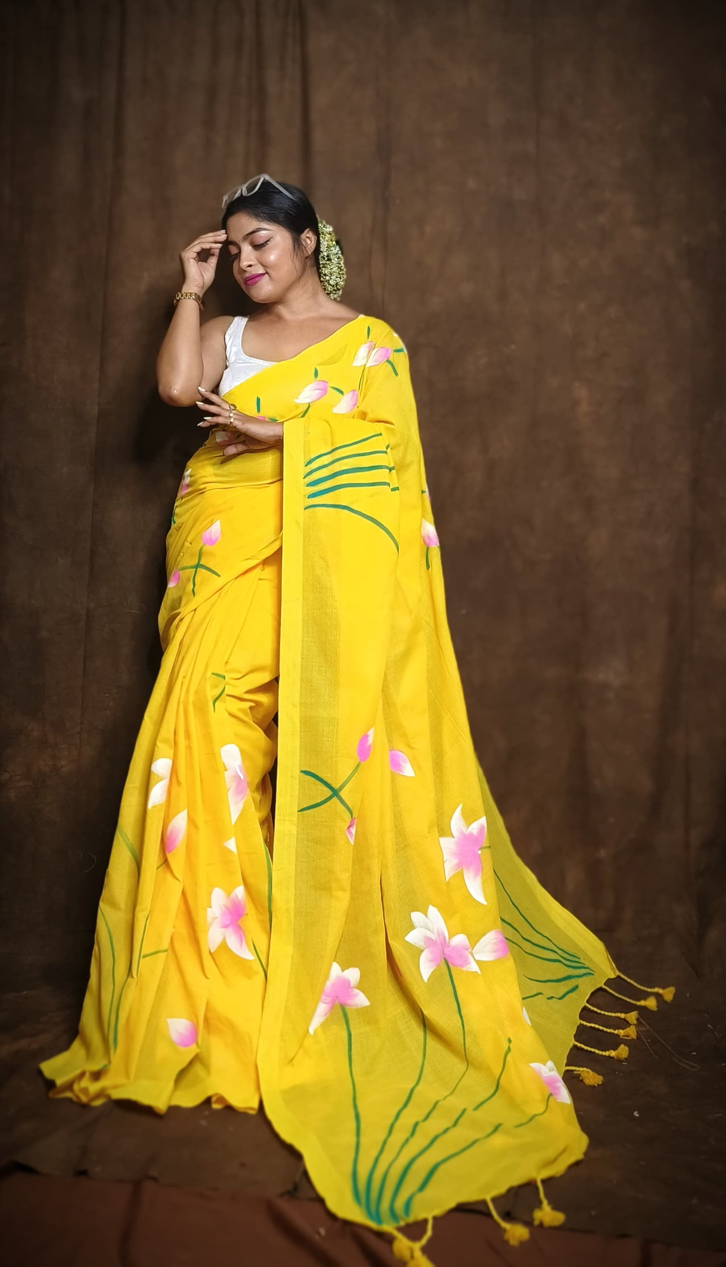 Pure Lotus Hand Printed Khadi Cotton Saree Running Blouse
