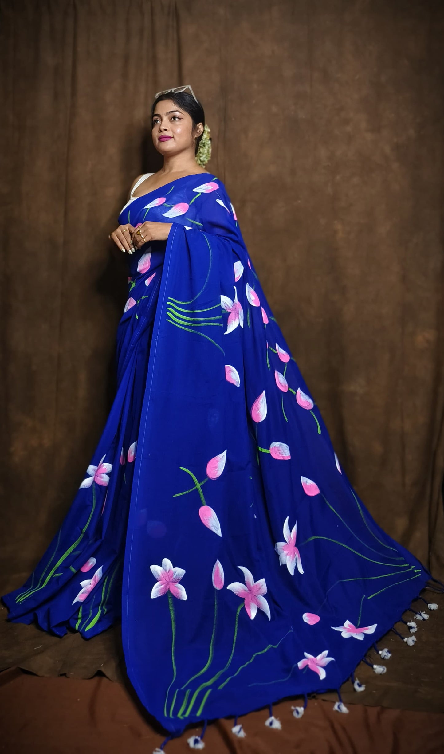 Pure Lotus Hand Printed Khadi Cotton Saree Running Blouse