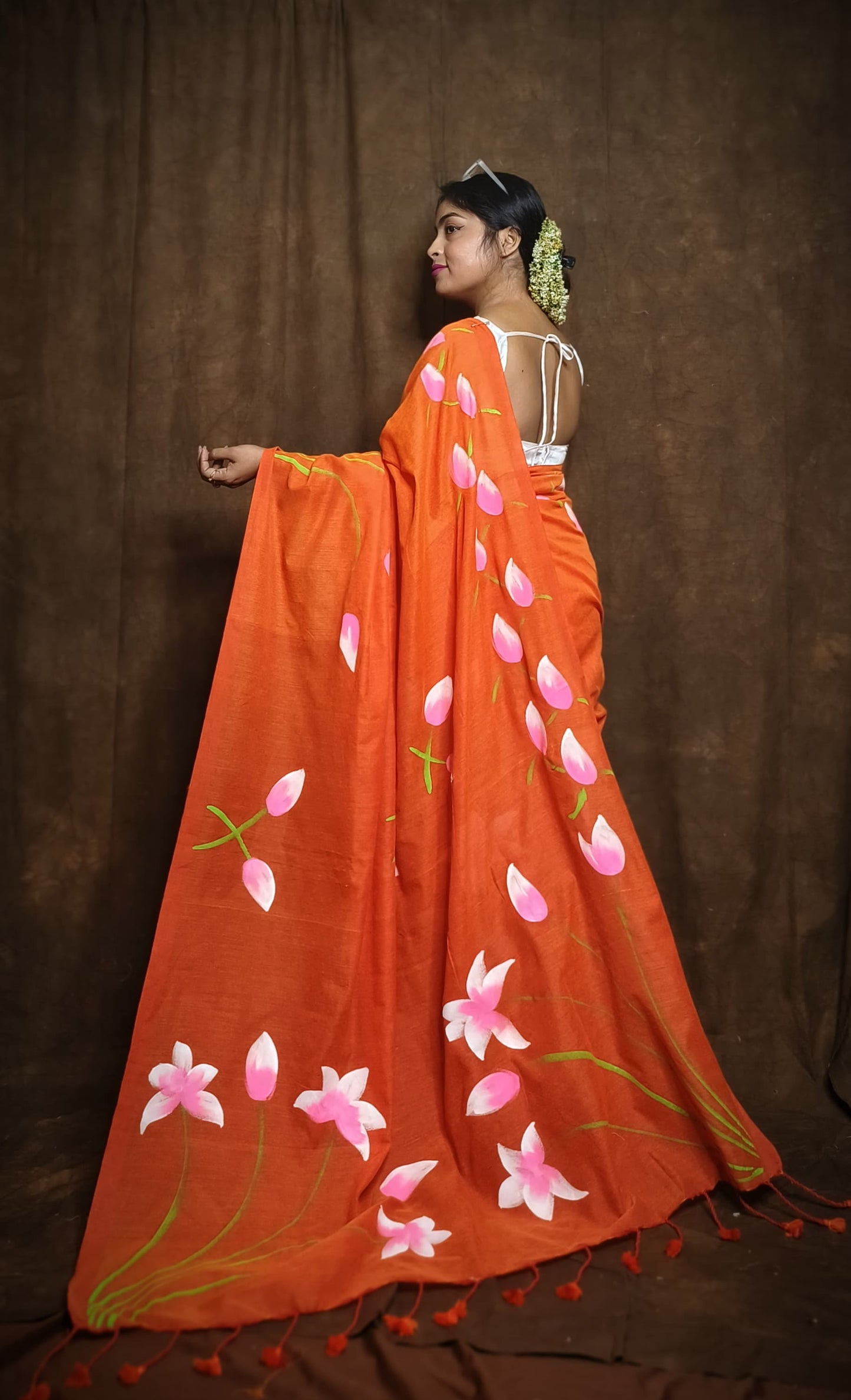 Pure Lotus Hand Printed Khadi Cotton Saree Running Blouse