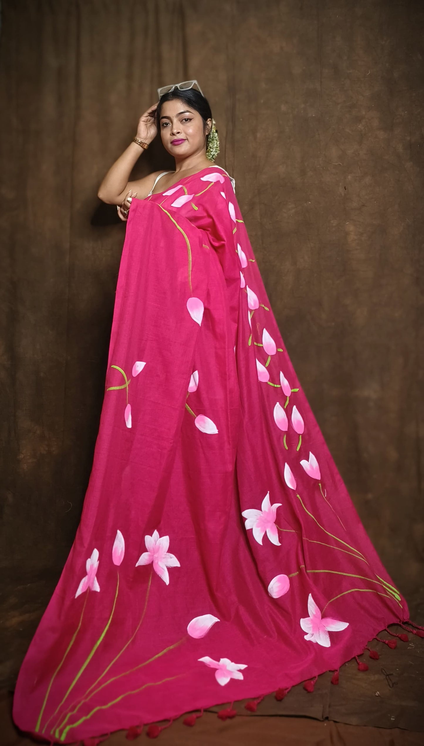 Pure Lotus Hand Printed Khadi Cotton Saree Running Blouse