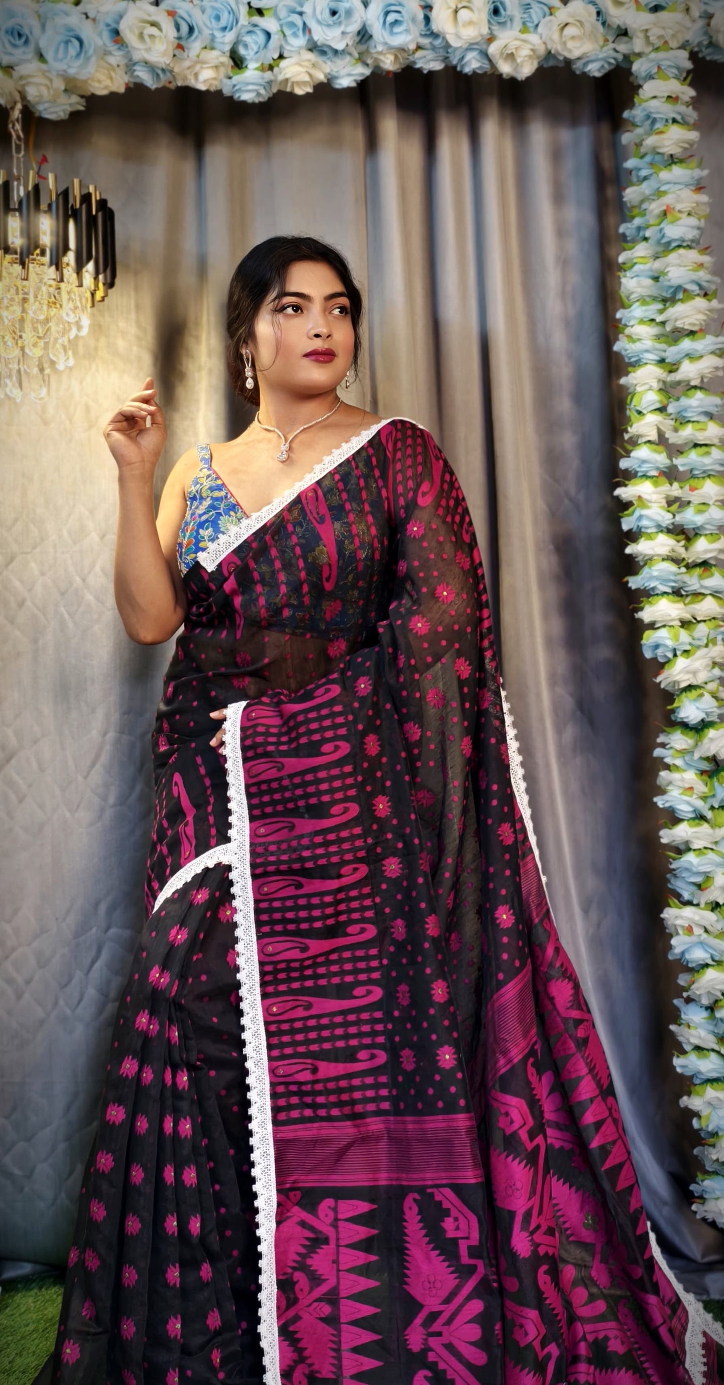 New & Exclusive Korat Dhakai Jamdani Saree – White with Lace Border | Cotton Silk | 5.5m | No Blouse
