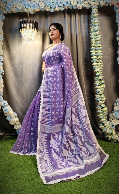 New & Exclusive Korat Dhakai Jamdani Saree – White with Lace Border | Cotton Silk | 5.5m | No Blouse