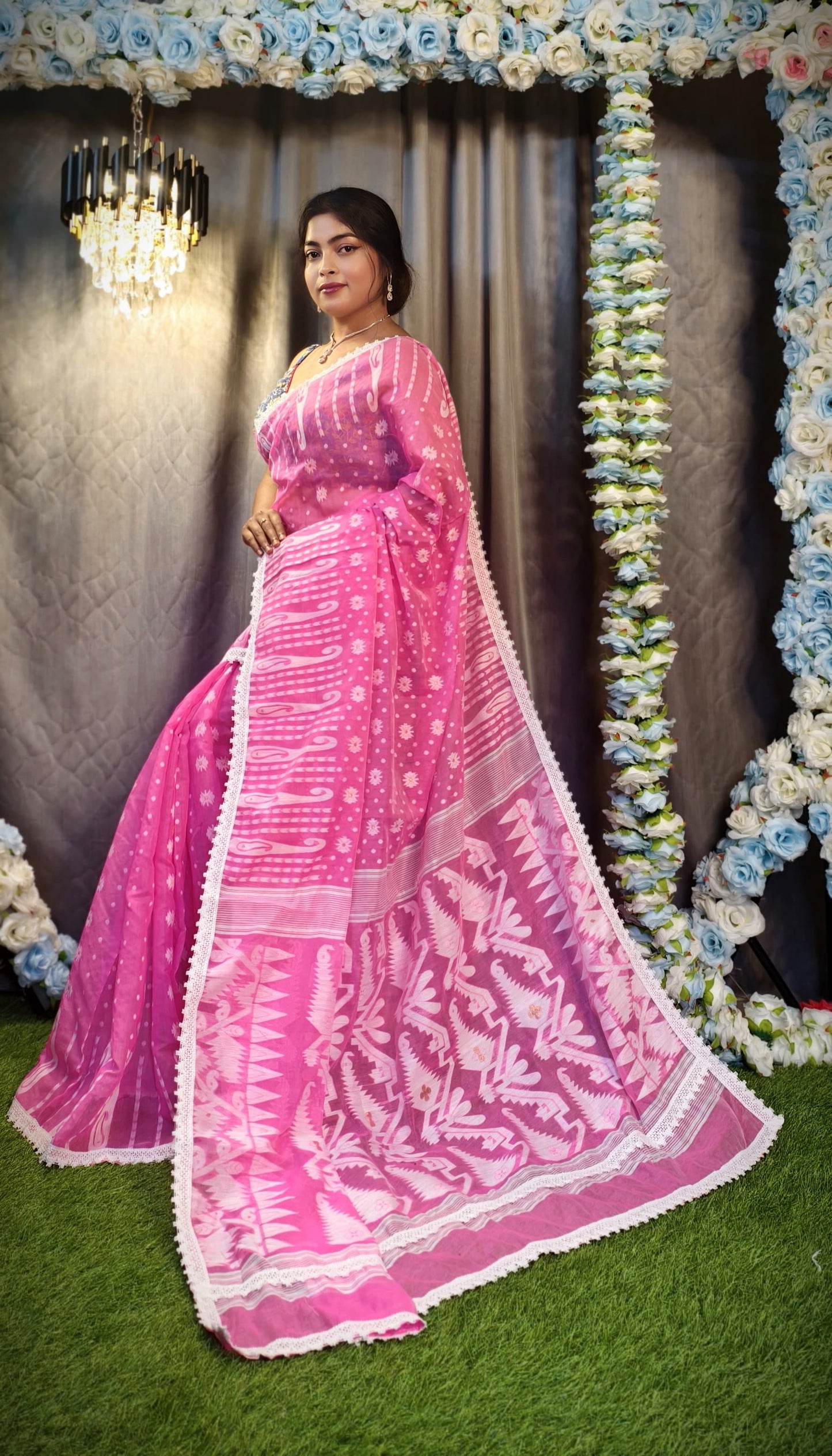 New & Exclusive Korat Dhakai Jamdani Saree – White with Lace Border | Cotton Silk | 5.5m | No Blouse