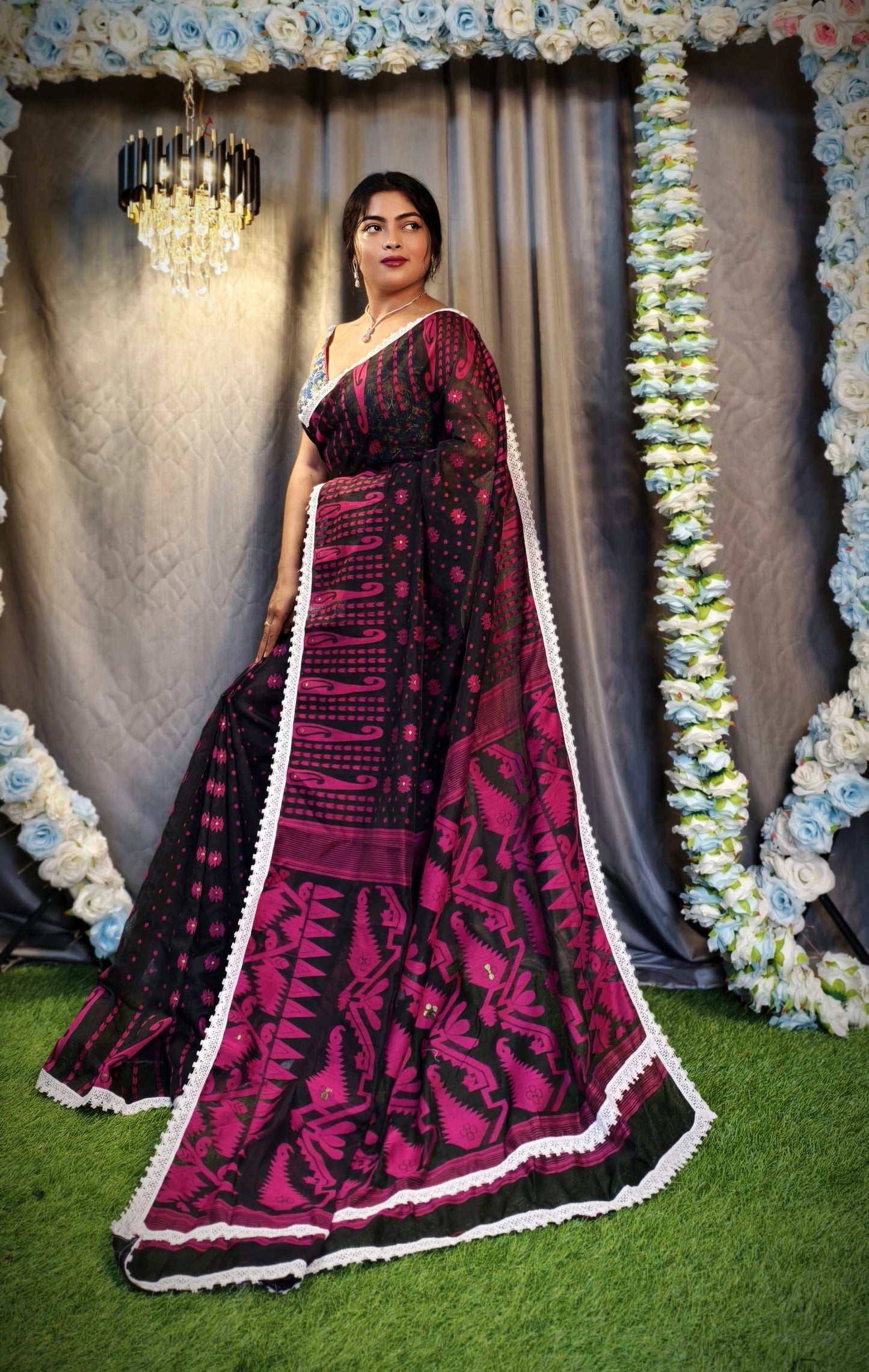 New & Exclusive Korat Dhakai Jamdani Saree – White with Lace Border | Cotton Silk | 5.5m | No Blouse