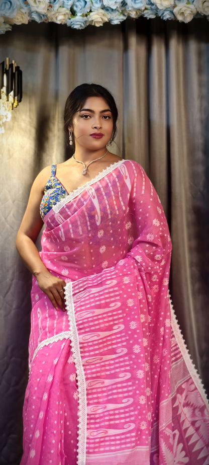 New & Exclusive Korat Dhakai Jamdani Saree – White with Lace Border | Cotton Silk | 5.5m | No Blouse